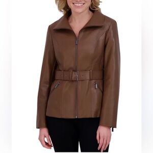 Kenneth Cole Women's Belted Faux Leather Jacket Brown XXL